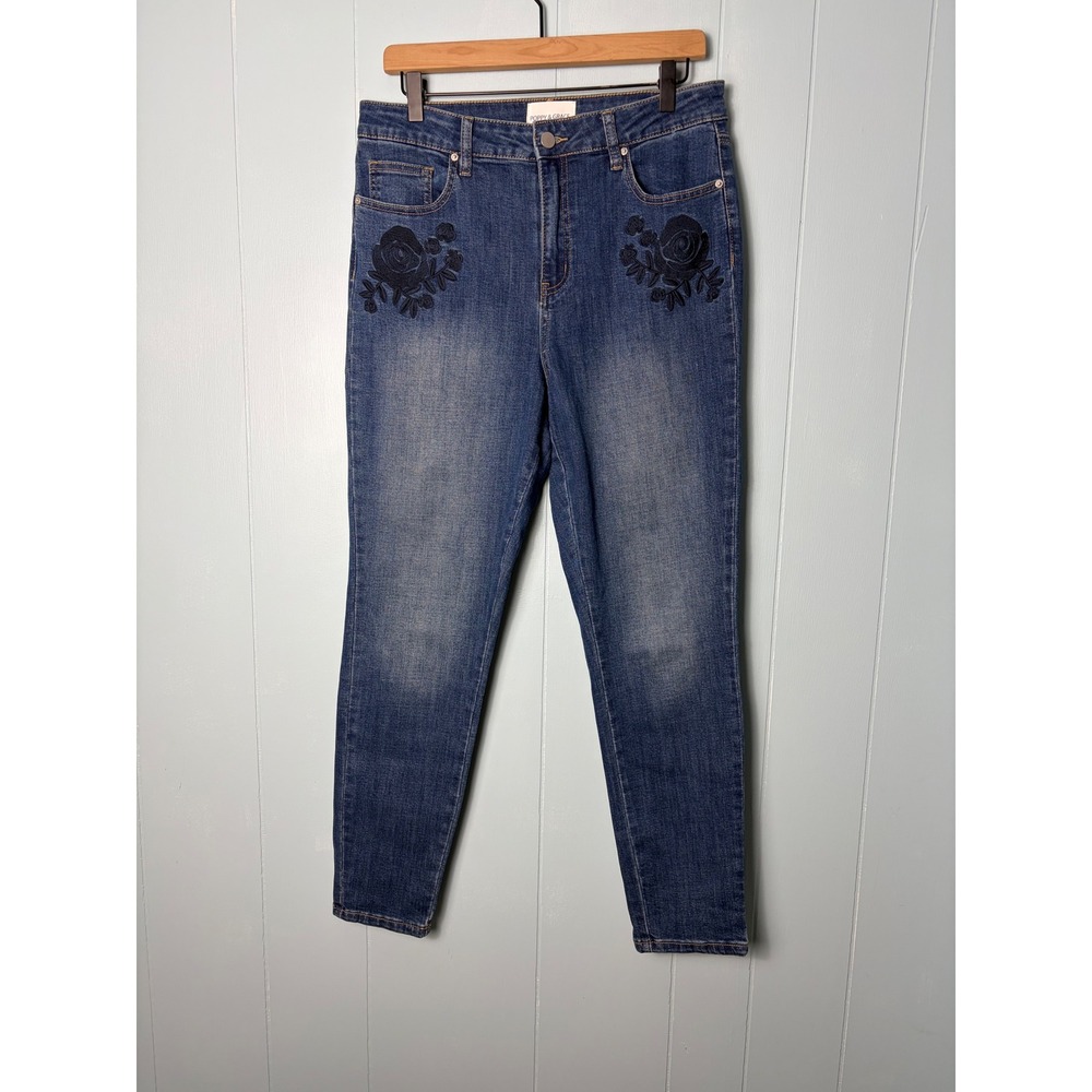 Poppy & Grace Floral Embroidered Skinny Jeans Medium Wash Rose‎ Denim Size 31